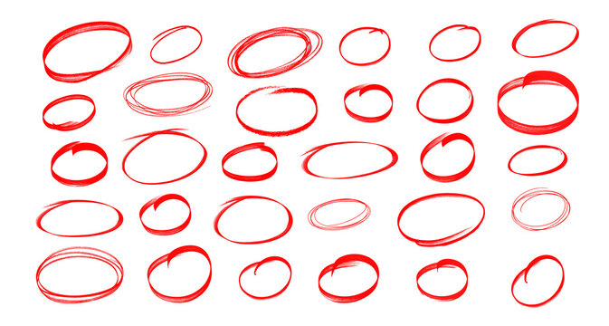 Highlight hand drawing different circles isolated on white background, Handwritten red circle For marking text