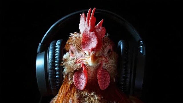 Amusing brown chicken with a red comb wearing large headphones on a black background