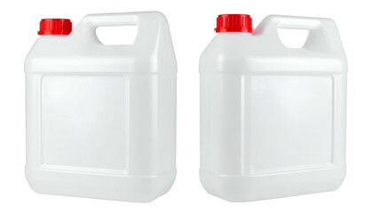 Two white plastic containers with red screw caps, positioned side-by-side, on a black background