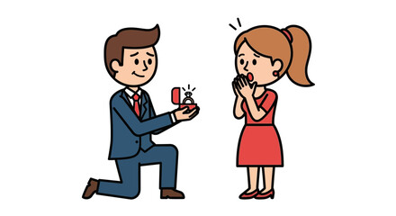 Cartoon Illustration of a Man Proposing with an Engagement Ring to a Surprised Woman