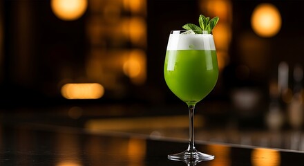 Vibrant Green Cocktail with Mint Garnish on Bar