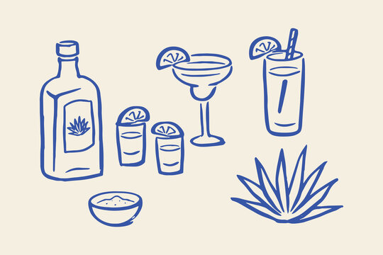 Tequila bottle and cocktails doodle line art vector illustration