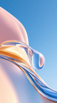abstract blue wave background，Close-up of Transparent Gold and Blue Fluid Line with Droplet Shape on Blue Sky