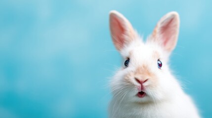 Obraz premium Rabbit looks surprised against a blue background in a playful setting