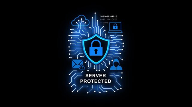 Server Protection Concept with Shield Lock and Circuit Board Background for Cybersecurity and Data Safety
