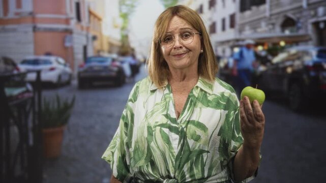 Middle age woman holds green apple in right hand on street, wearing patterned blouse and glasses; quiet contemplation.