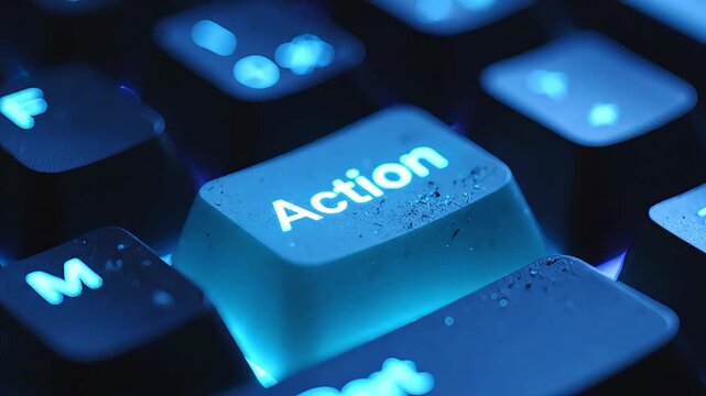 Keyboard key with Action label illuminated in blue light on a dark background.