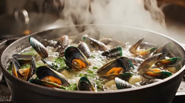 A steaming pot of mussels cooking in a kitchen