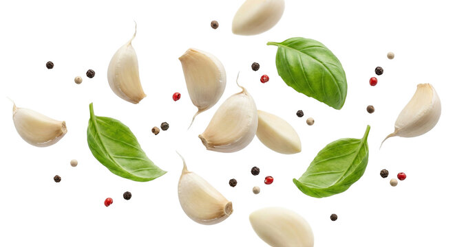 Fresh Garlic Cloves, Vibrant Green Basil Leaves, and Mixed Peppercorns in Dynamic Fall, Isolated on Transparent Background for Culinary Concepts.