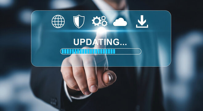 Businessman's finger touches screen displaying software update progress bar with digital icons.