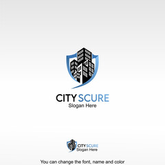 City Scure Logo Template Design Vector. City buildings inside a shield, symbolizing safety, protection, and city security.