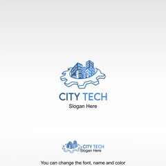 City Tech Logo Template Design Vector. City buildings with a gear, symbolizing urban technology and industrial development.