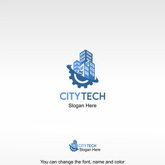 City Tech Logo Template Design Vector. A modern city and gear symbol, representing smart city technology.