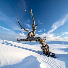 Solitary weathered tree stands on a snow-covered field under a bright blue sky with wispy white clouds above