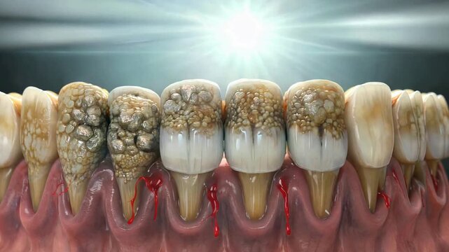 Anatomical view of unhealthy teeth with plaque tartar and inflamed bleeding gums