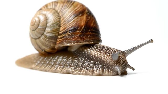 Macro view of a garden snail with detailed shell and body texture
