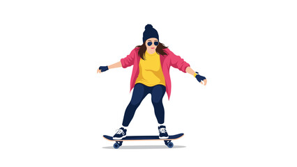 Obraz premium Active young woman wearing sunglasses and a beanie balances on a skateboard against a clean white background in flat art.