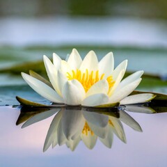 Solitary white flower with yellow center rests upon a tranquil reflective water surface, pads nearby