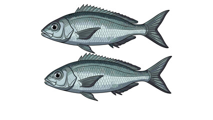 Obraz premium Two silver sea bream fish swimming horizontally one above the other depicted in a clean and realistic digital illustration style on white background.