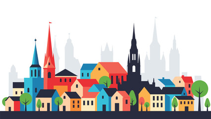 Fototapeta premium Stylized urban landscape featuring colorful houses and church steeples under a white sky with simplified shapes and vibrant primary colors.
