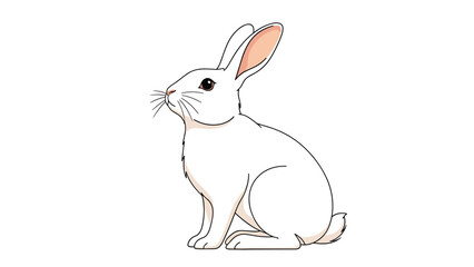 Obraz premium Realistic digital illustration of a soft white rabbit sitting alert and looking to the side with long pink-lined ears on white background.