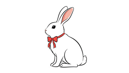 Fototapeta premium Adorable white rabbit sitting profile view and wearing a bright red ribbon bow around its neck for a festive or holiday theme.