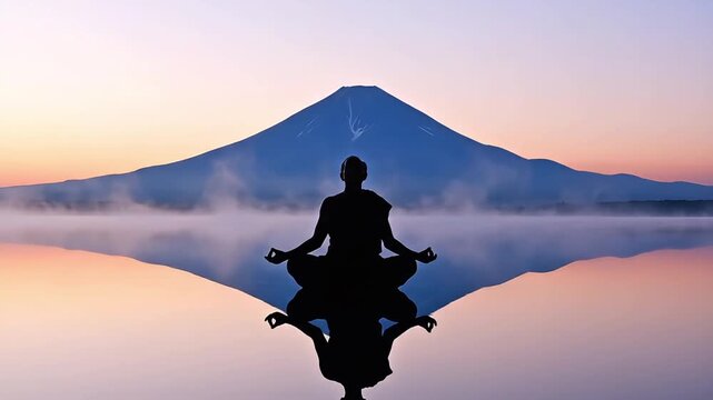 Serene silhouette of a person meditating in front of majestic Mount Fuji at sunrise.