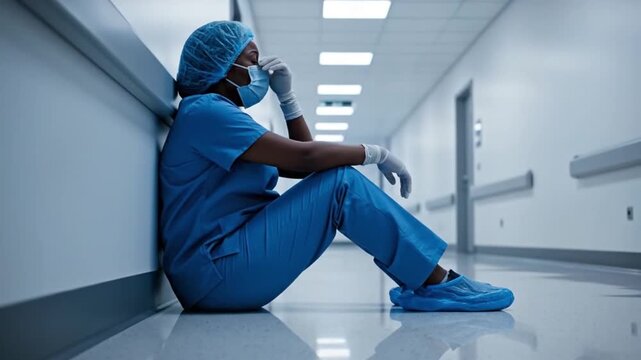 Exhausted healthcare worker sitting alone in a hospital corridor.