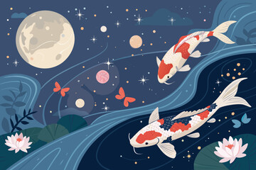 Peaceful Koi Fish Floating Dreamy Galaxy Nig Premium Digital Asset Great for Commercial Projects © adobe1 stock
