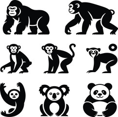 Naklejka premium Black and white cartoon animals including monkeys and pandas