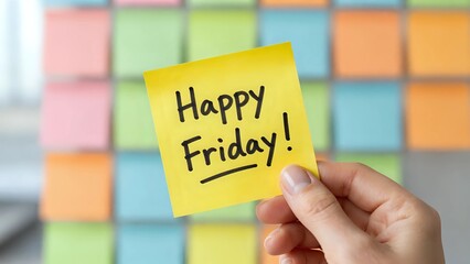 Hand holding Happy Friday note in front of colorful sticky notes