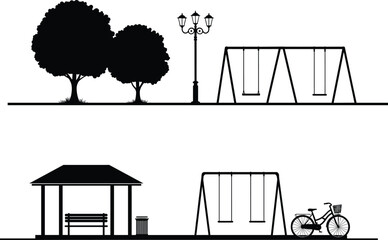 Public park silhouette illustration, swings, trees, bench, bicycle, street lamp, outdoor recreation design, black and white art, community scene
