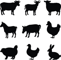 Fototapeta premium Silhouettes of various farm animals in black animal silhouettes