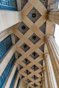 Looking up at main entrance of art deco buffalo city hal