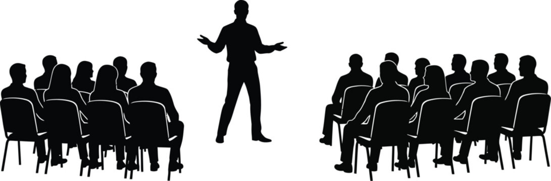 A speaker addressing an audience in black silhouette on transparent background