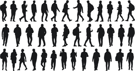 Silhouettes of diverse individuals walking and standing in casual poses, ideal for motion studies, crowd simulation, and inclusive design applications.
