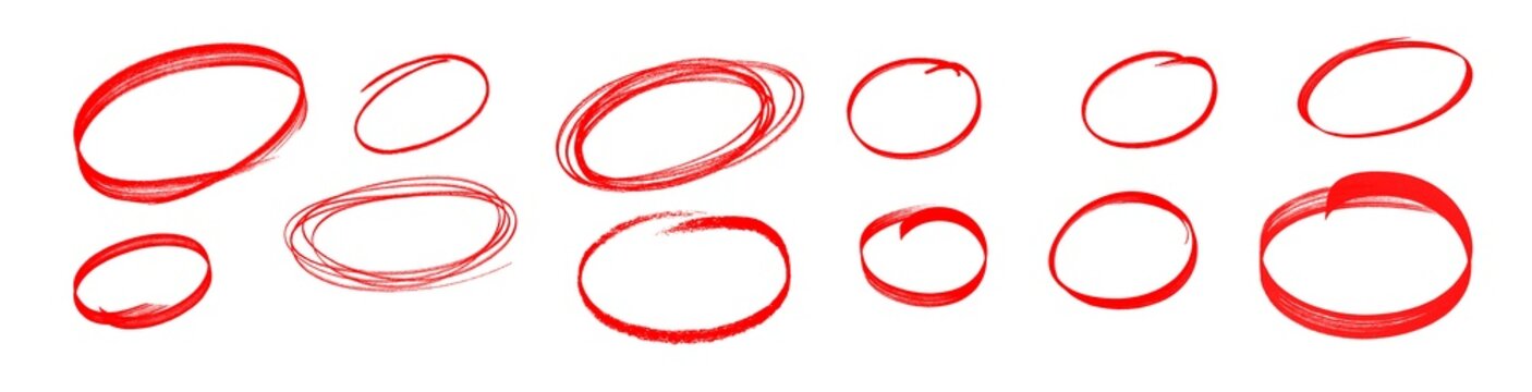 Highlight hand drawing different circles isolated on white background, Handwritten red circle For marking text