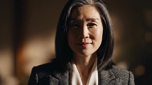 This mature asian businesswoman confidently poses in a grey blazer, captured in a dramatic cinematic close-up with warm lighting, conveying a powerful and serious corporate mood.