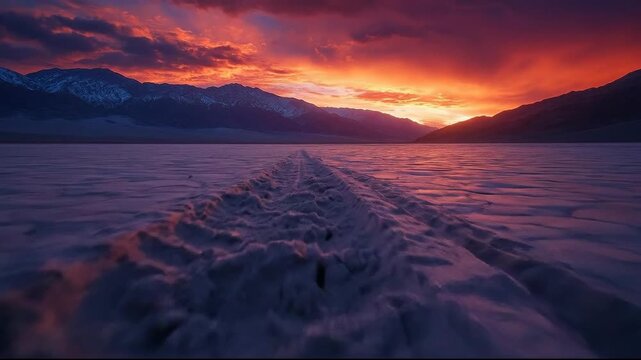 A dramatic sunset over mountains with a winding path through the desert.