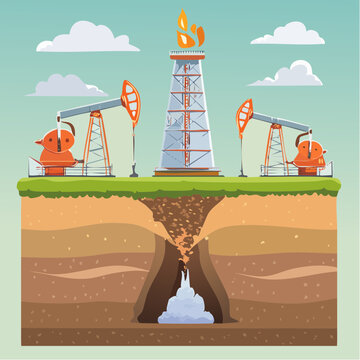 Oil Drilling and Extraction Process Flat Vector Illustration