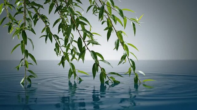 Green leaves touching calm blue water surface, creating ripples