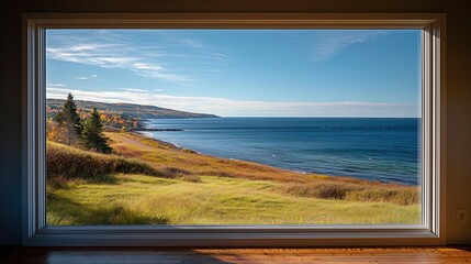 Fototapeta premium Serene ocean horizon view from a cozy modern room with golden hour sunlight