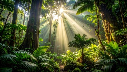 Naklejka premium A serene forest scene with sunlight filtering through dense green foliage
