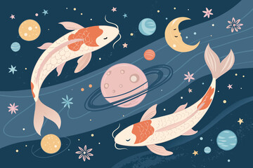 Featuring Whimsical Pastel Koi Fish Floating Among Planets Crisp High-Quality Stock Image © adobe1 stock