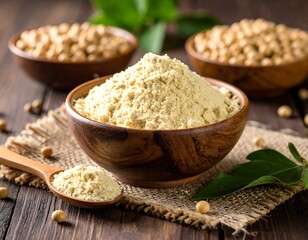 Soybean flour in a bowl, surrounded by whole soybeans and green leaves on a rustic wooden table