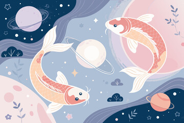 Crisp Whimsical Pastel Koi Fish Floating Among Planets High-Quality Stock Image © adobe1 stock