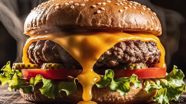 A close-up, mouthwatering shot of a gourmet cheeseburger with melted cheese, fresh lettuce, and ripe tomatoes, ready to be devoured