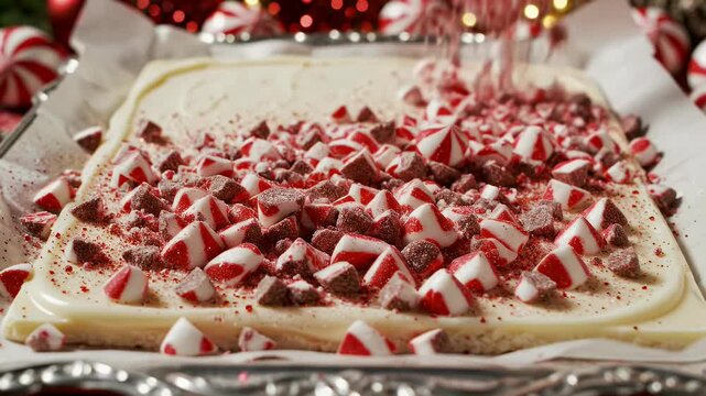 Crushed peppermint sprinkles onto white chocolate bark