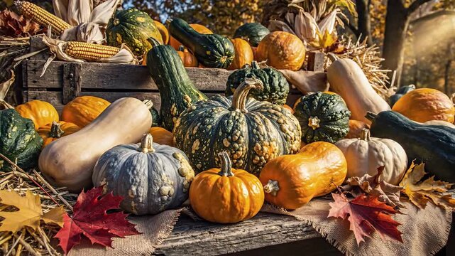A bountiful harvest of assorted colorful gourds and squash arranged for autumn display