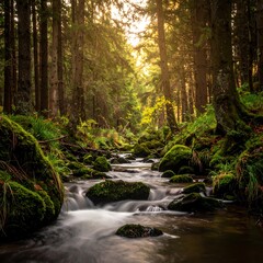 Obraz premium A serene forest stream with mossy rocks and trees